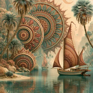 Muted sailboat wall art print with mosaic tilework in sage, terracotta and faded teal