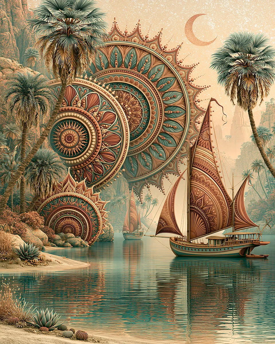 Muted sailboat wall art print with mosaic tilework in sage, terracotta and faded teal