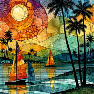 Colorful coastal wall art print with mosaic tilework in magenta, orange and teal