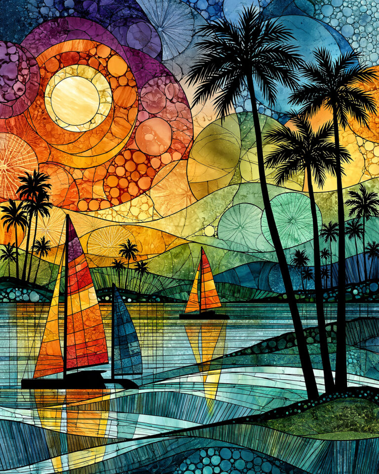 Colorful coastal wall art print with mosaic tilework in magenta, orange and teal