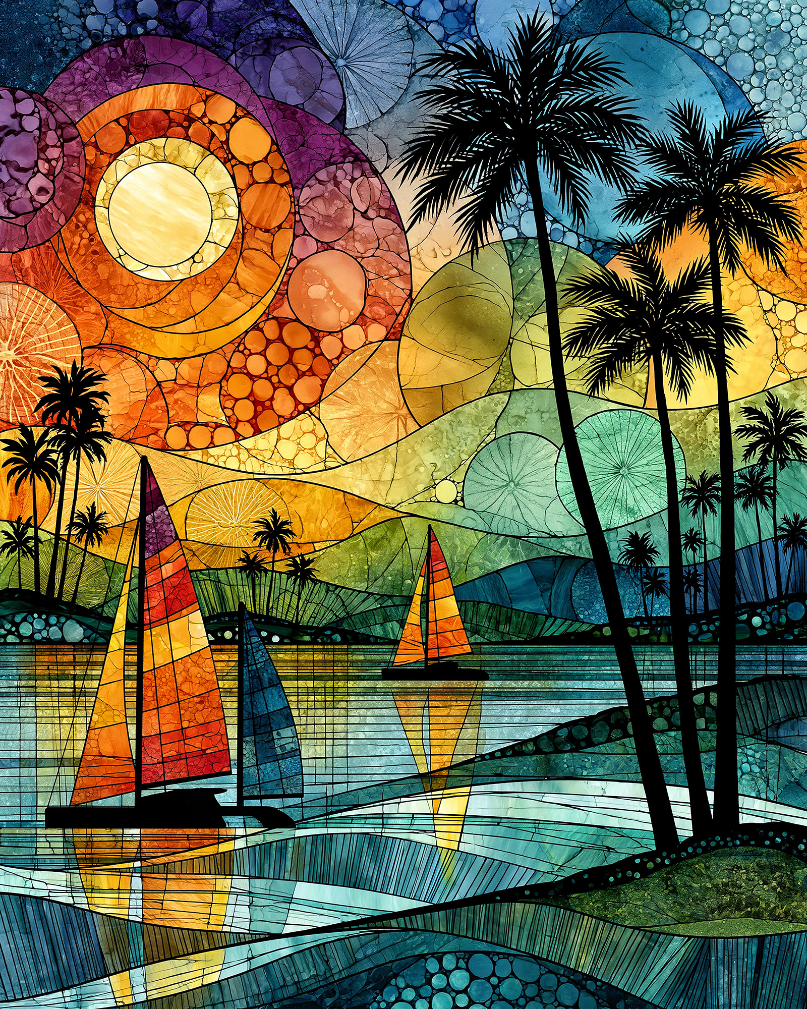 Colorful coastal wall art print with mosaic tilework in magenta, orange and teal