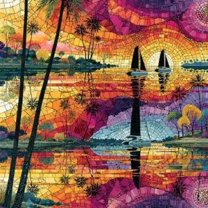 Colorful coastal wall art print with mosaic tilework in magenta, orange and teal
