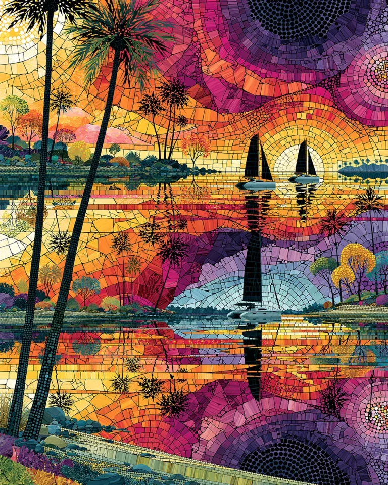 Colorful coastal wall art print with mosaic tilework in magenta, orange and teal