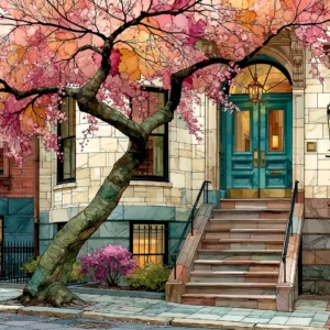 Boston brownstone wall art print of a bowfront row house in saturated teal, orange and gold alcohol ink