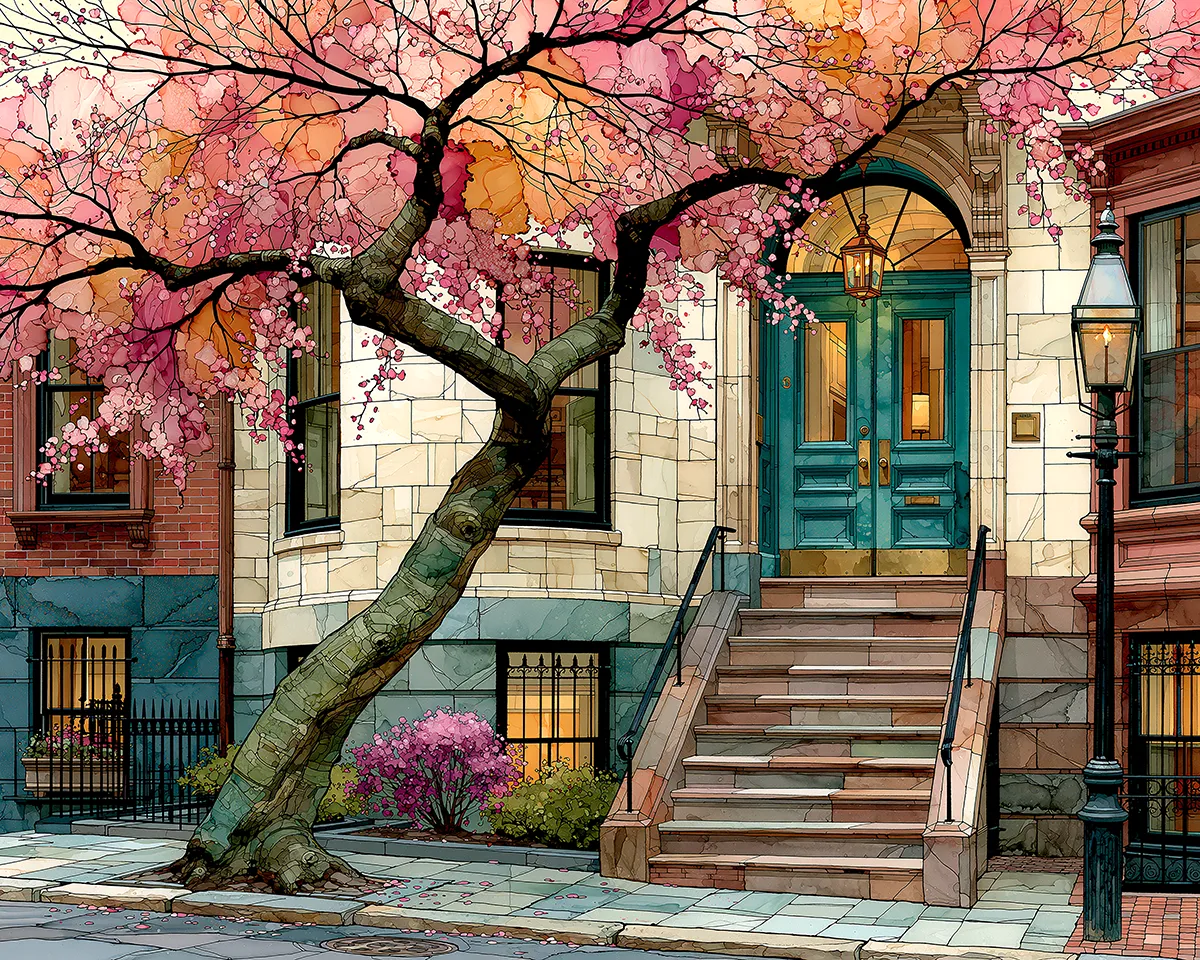 Boston brownstone wall art print of a bowfront row house in saturated teal, orange and gold alcohol ink