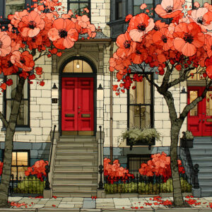 Boston brownstone wall art print of a bowfront row house in saturated colour