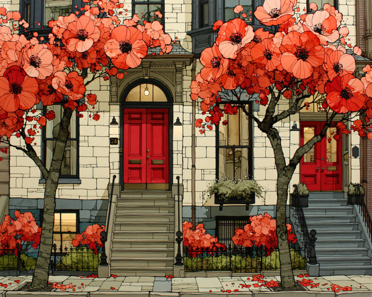 Boston brownstone wall art print of a bowfront row house in saturated colour