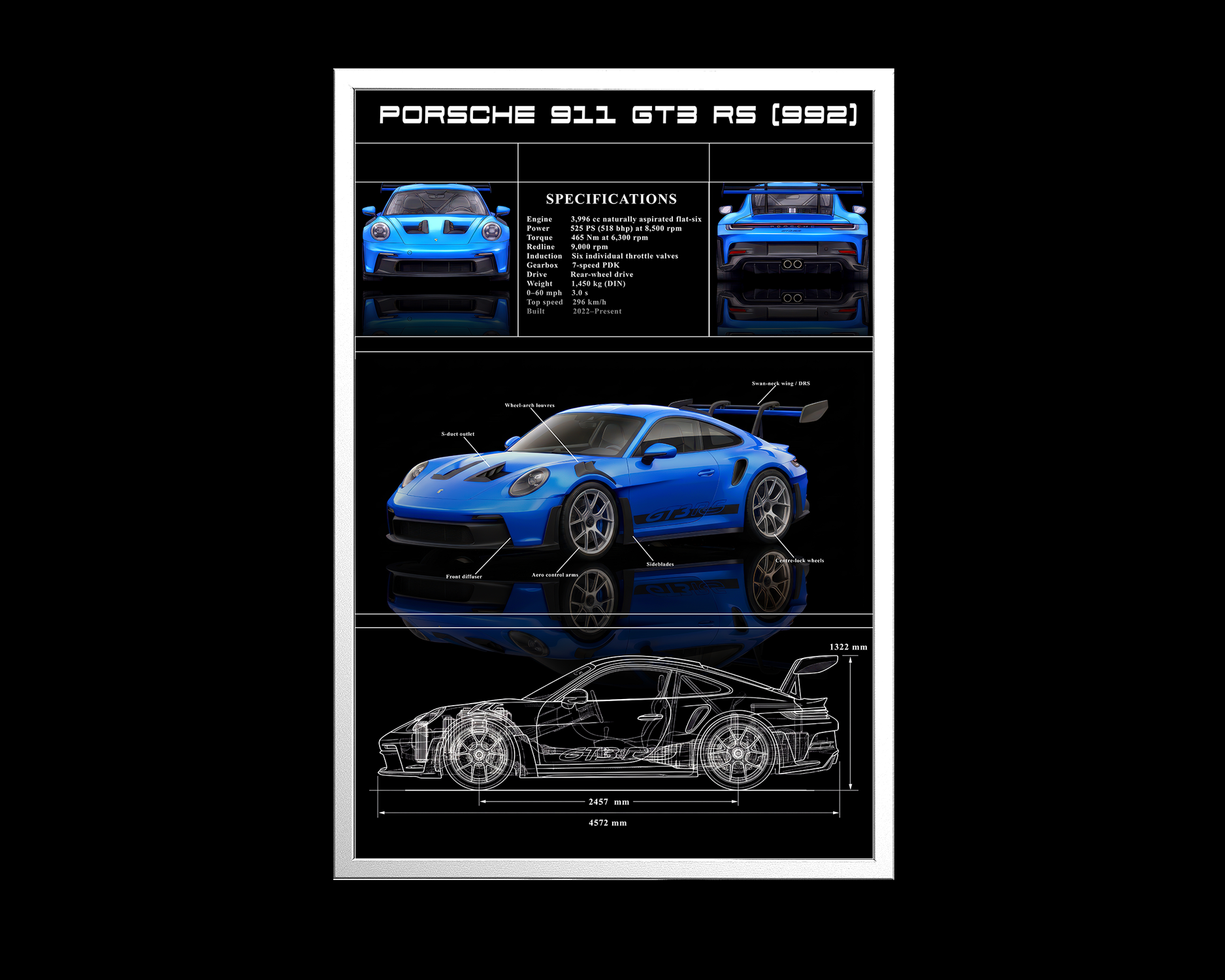 Porsche 911 GT3 RS poster – technical wall art with blue illustration and cutaway drawing