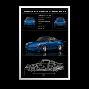 Porsche 911 poster – Carrera RS 2.7 technical wall art with blue illustration and cutaway drawing