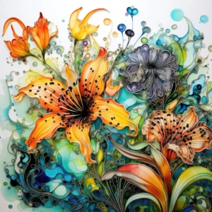Set of nine abstract alcohol ink floral prints in saturated teal, orange and purple dopamine decor color arranged as a colorful gallery wall