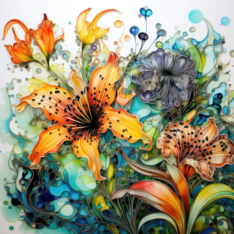 Set of nine abstract alcohol ink floral prints in saturated teal, orange and purple dopamine decor color arranged as a colorful gallery wall