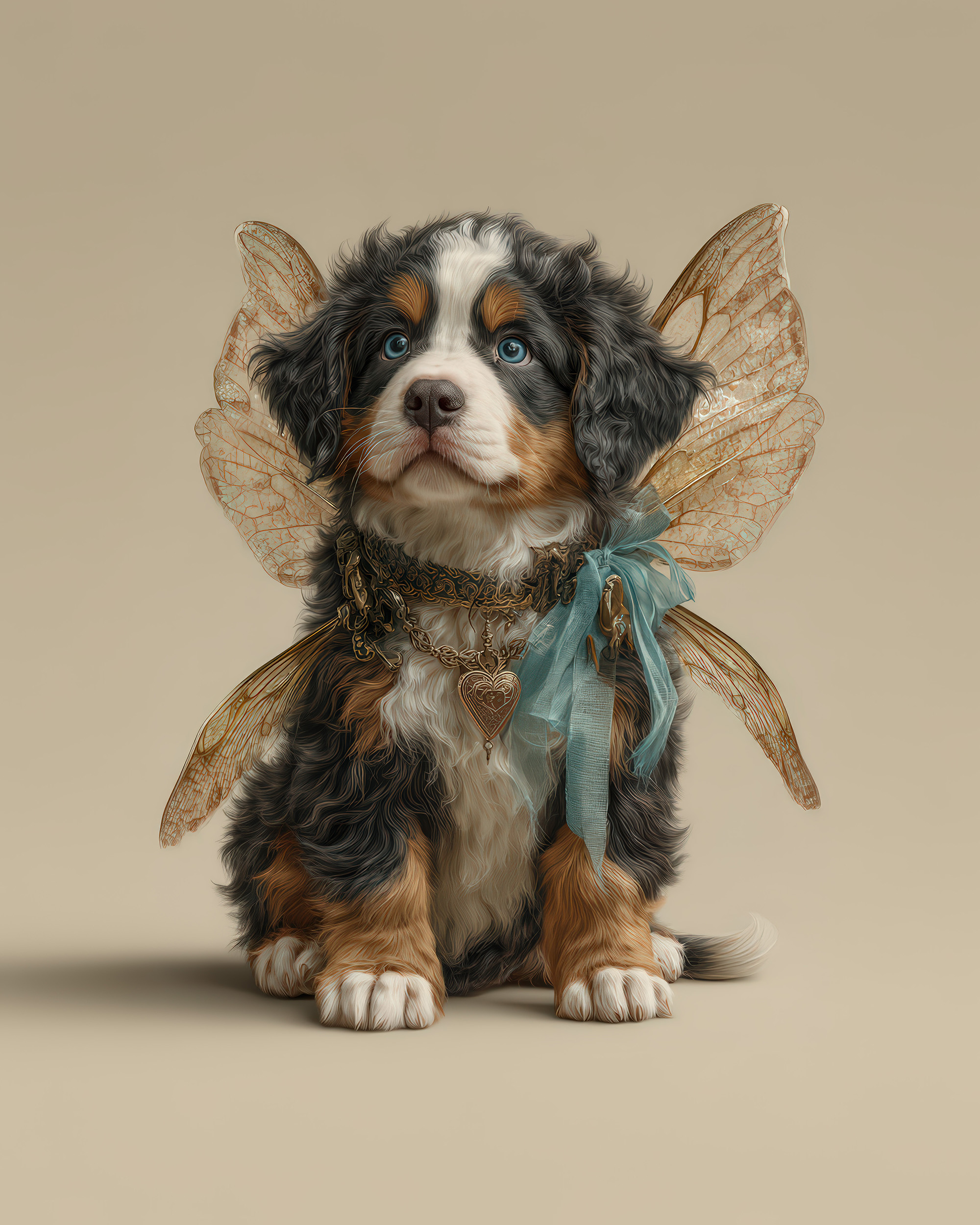 Fairy puppy nursery wall art print of a Bernese puppy with gold-veined wings