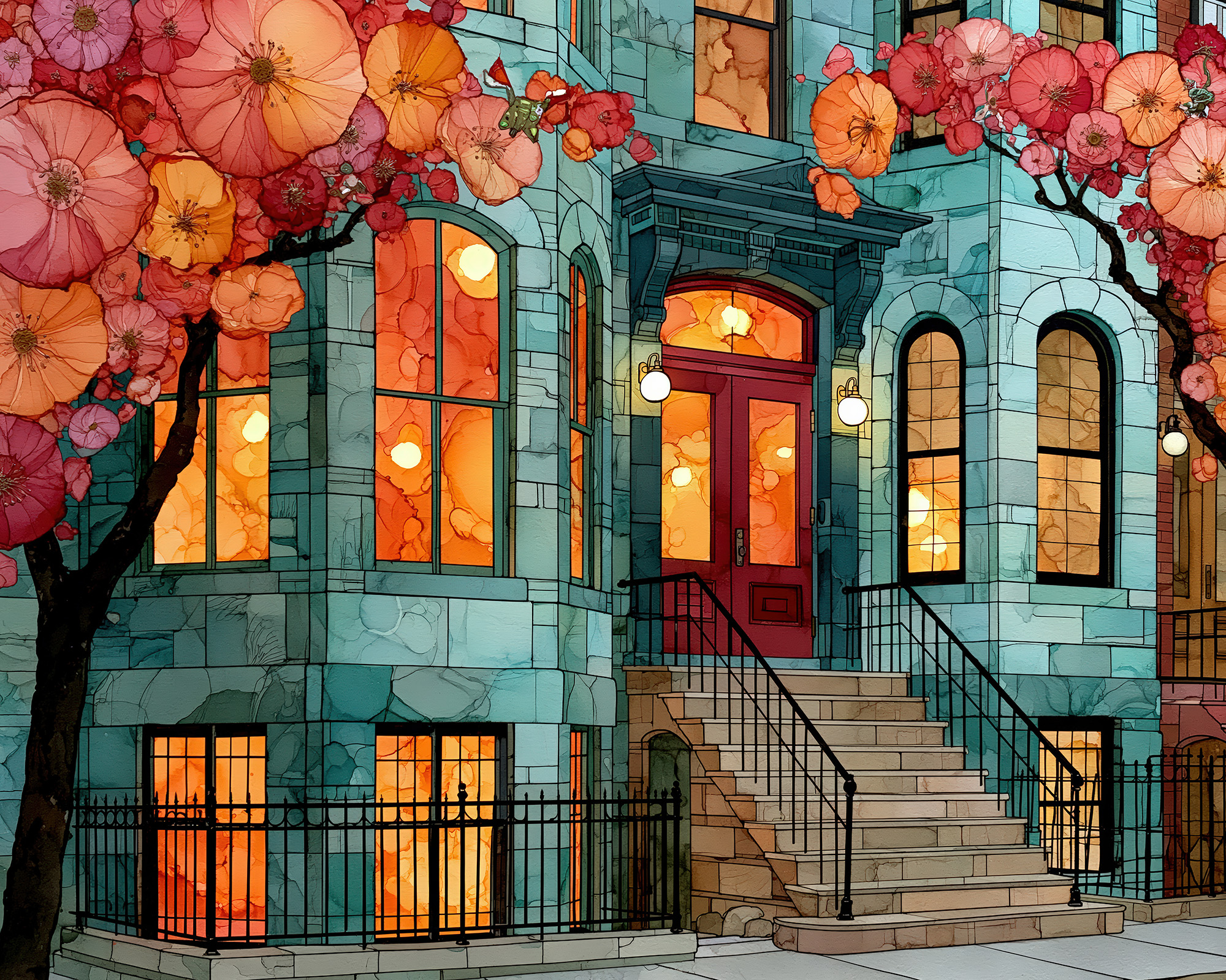 Cherry Blossom Brownstone Wall Art — 9 Boston Row House Prints, Printable Set - Image 9