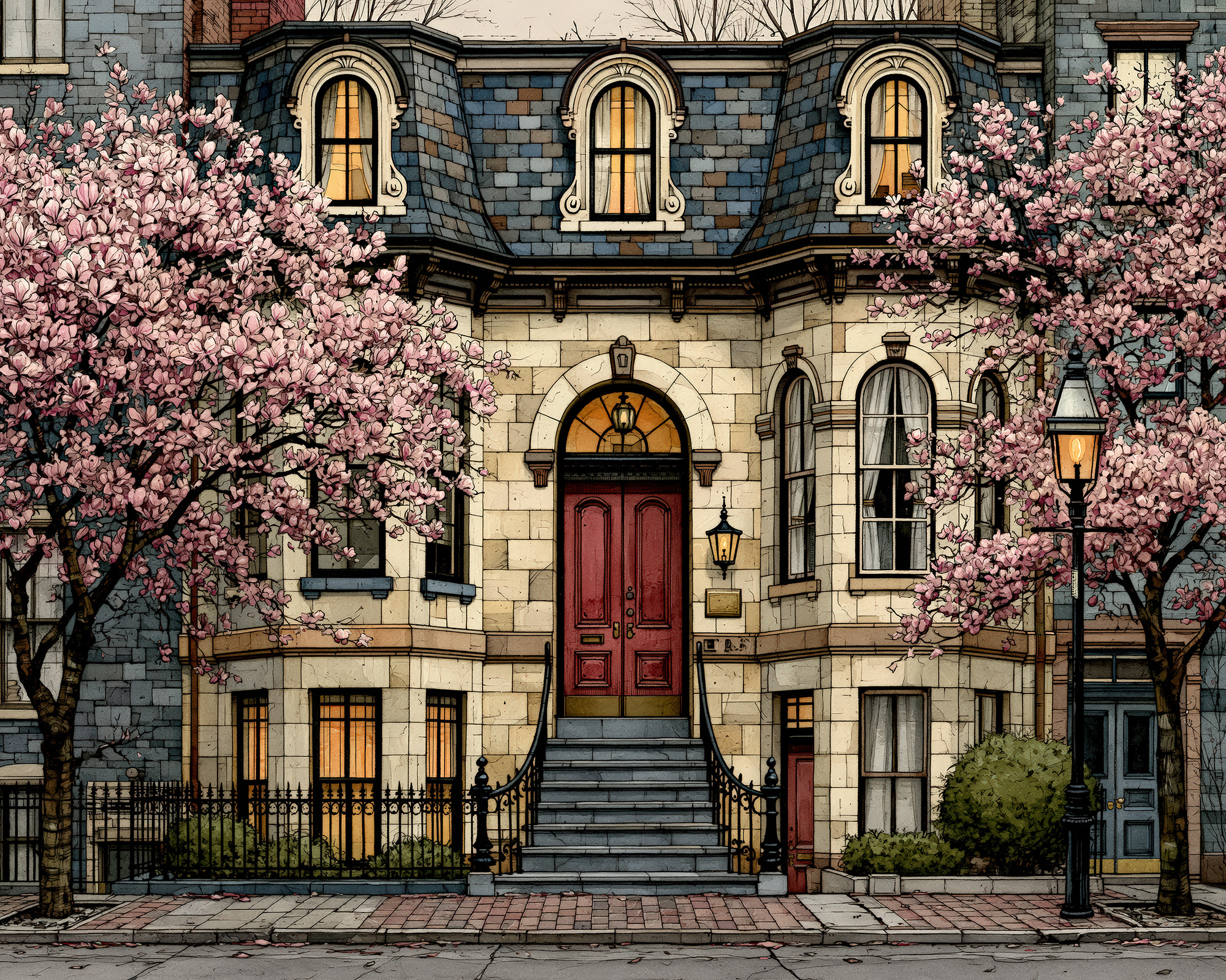 Cherry Blossom Brownstone Wall Art — 9 Boston Row House Prints, Printable Set - Image 8