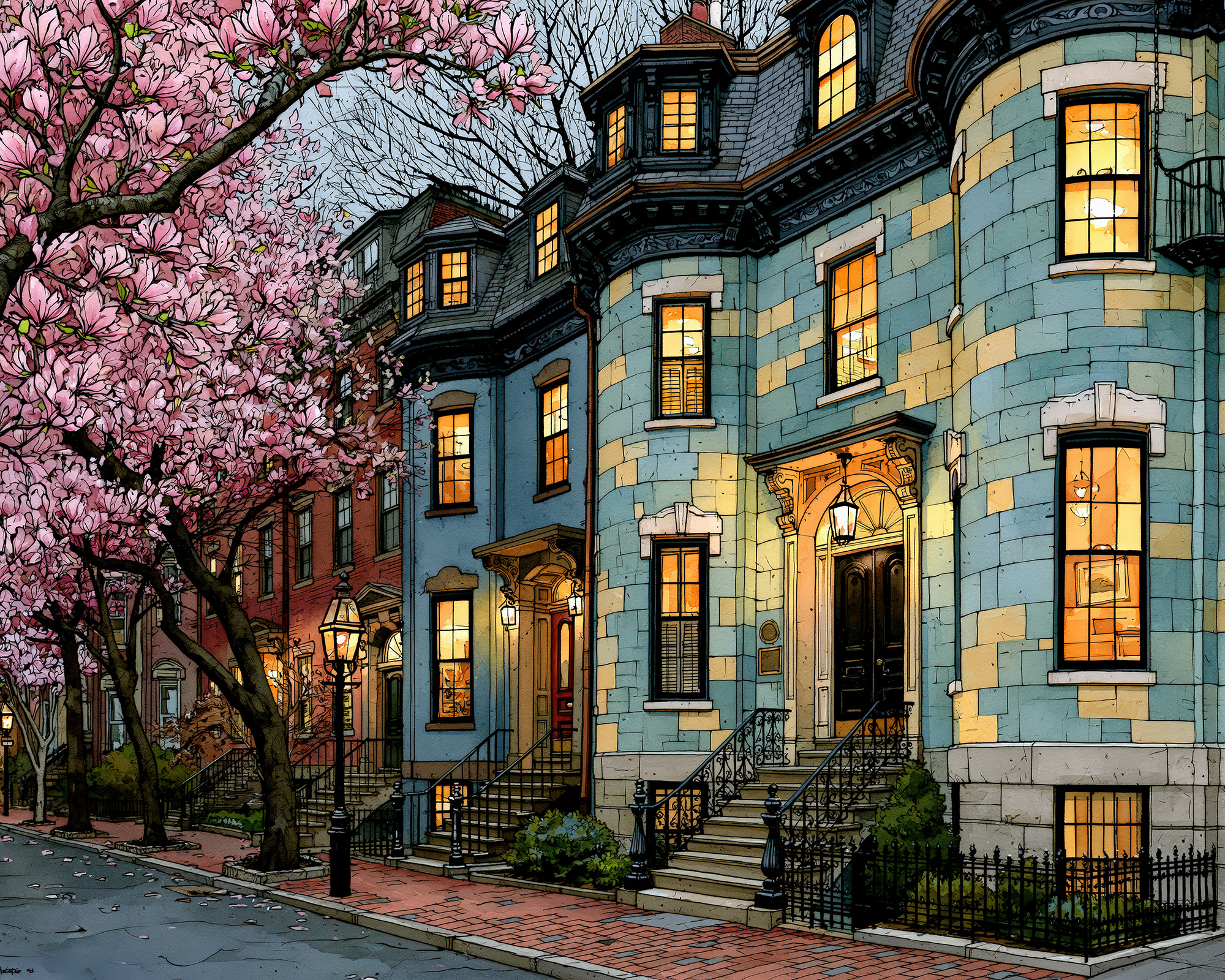 Cherry Blossom Brownstone Wall Art — 9 Boston Row House Prints, Printable Set - Image 7