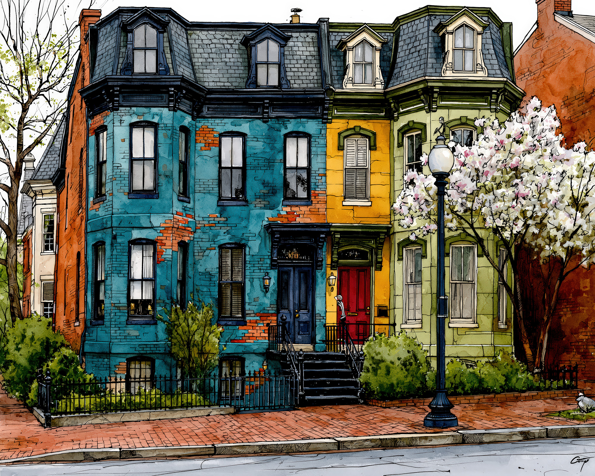 Cherry Blossom Brownstone Wall Art — 9 Boston Row House Prints, Printable Set - Image 6
