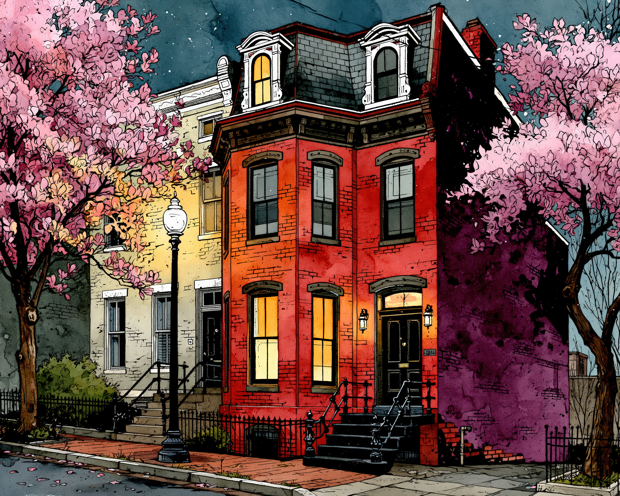 Cherry Blossom Brownstone Wall Art — 9 Boston Row House Prints, Printable Set - Image 5