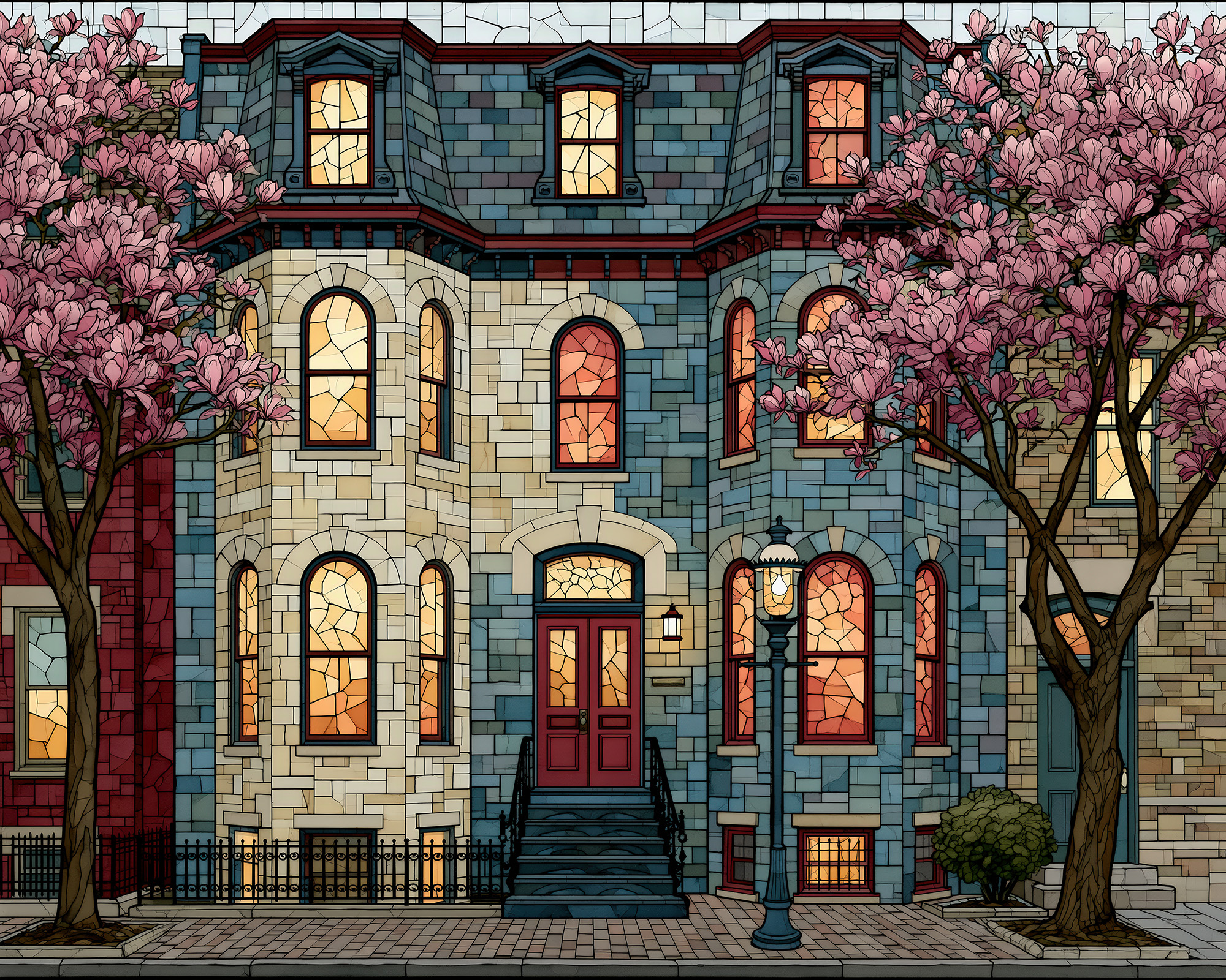 Cherry Blossom Brownstone Wall Art — 9 Boston Row House Prints, Printable Set - Image 4