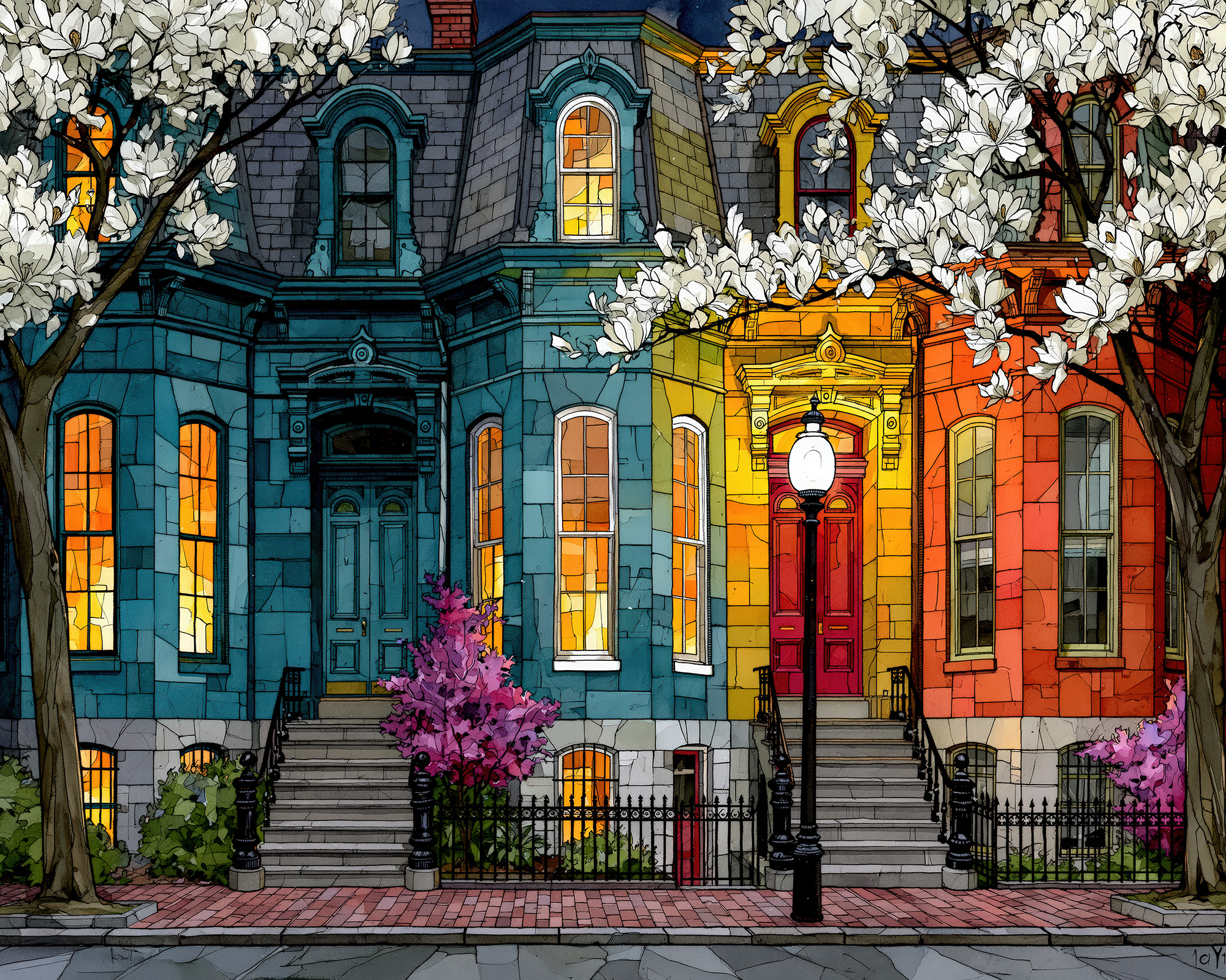 Cherry Blossom Brownstone Wall Art — 9 Boston Row House Prints, Printable Set - Image 3