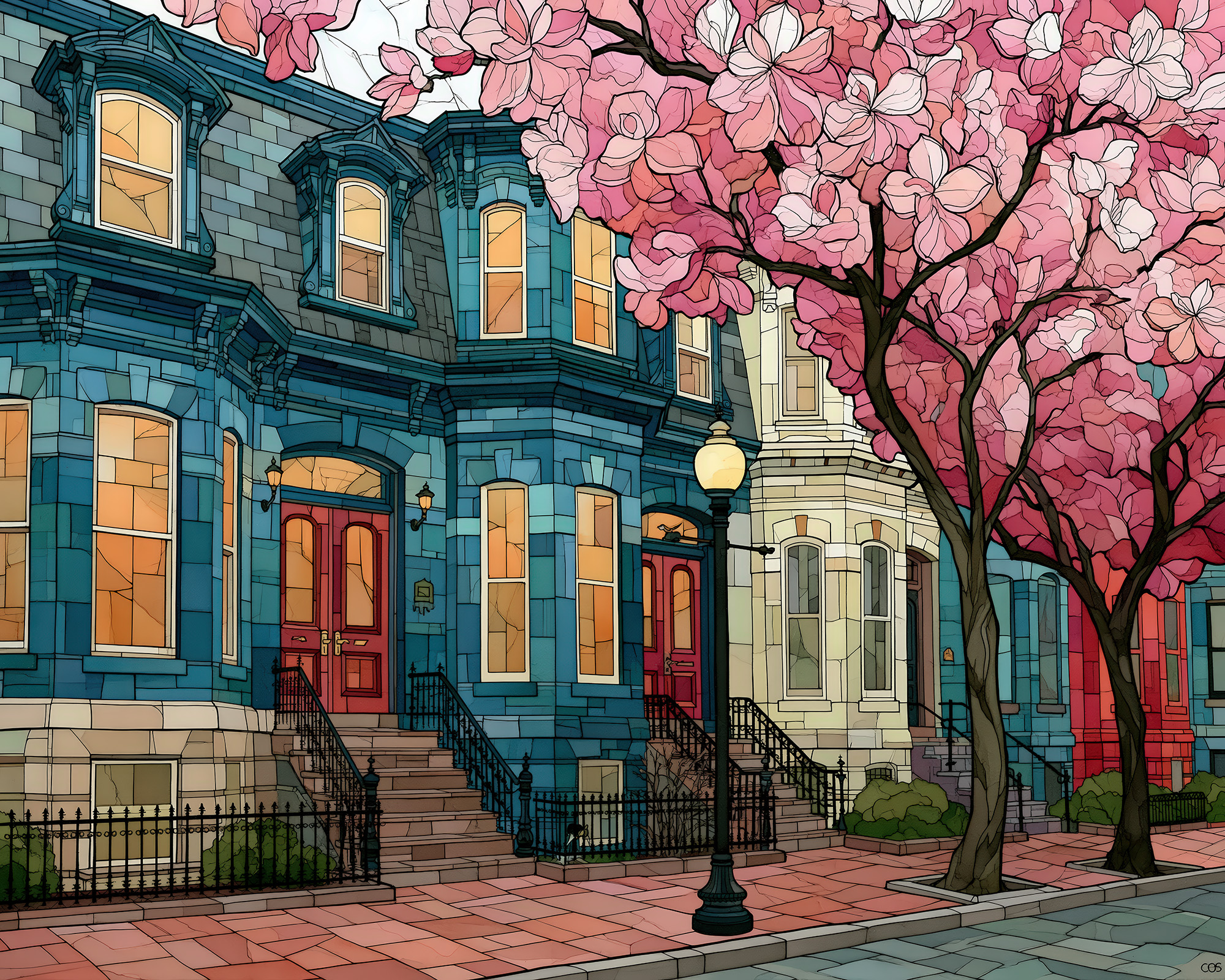 Cherry Blossom Brownstone Wall Art — 9 Boston Row House Prints, Printable Set - Image 2