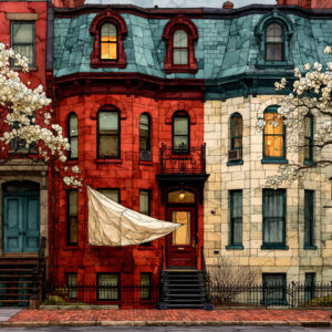 Cherry blossom brownstone wall art print of a Boston bowfront row house in spring