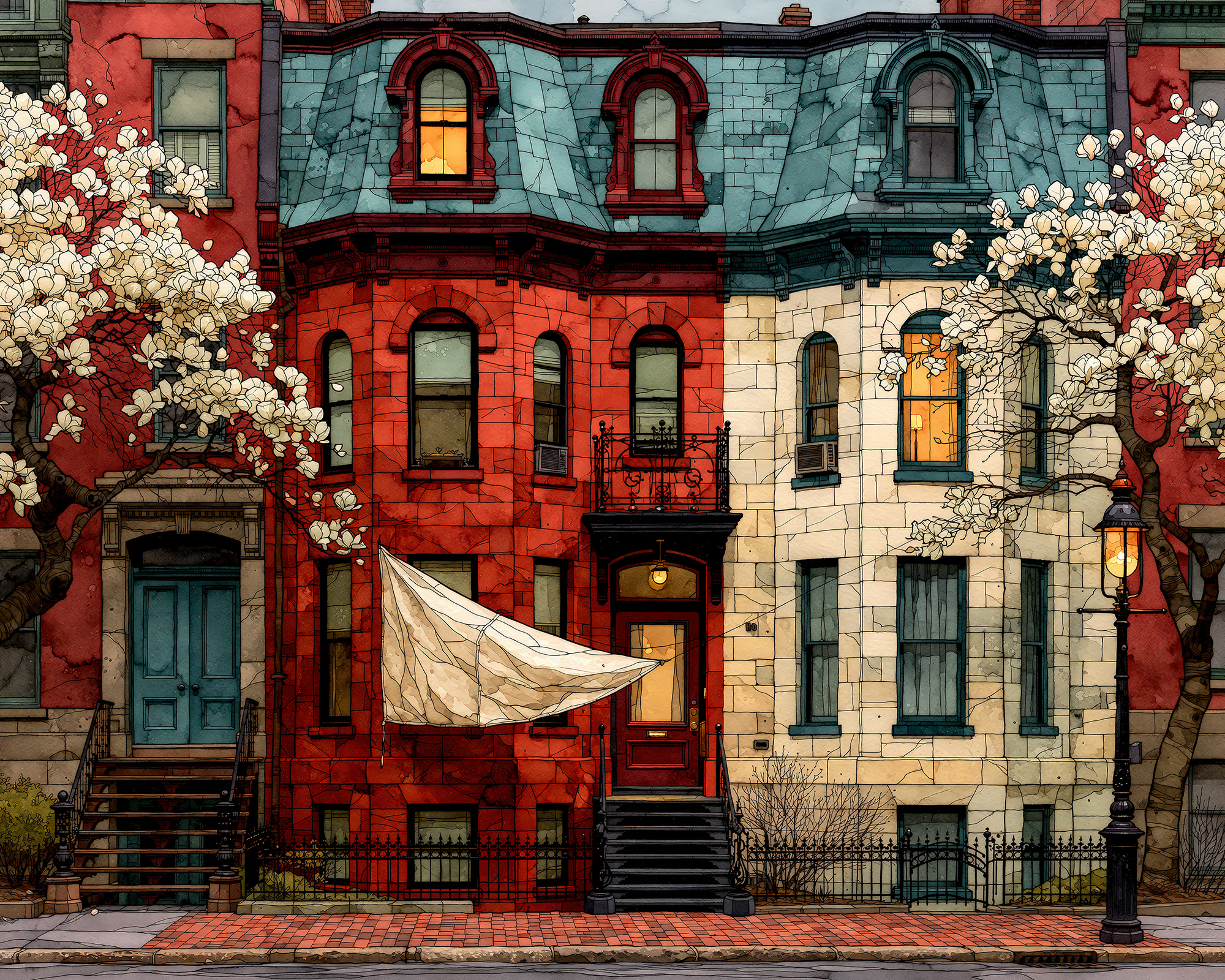 Cherry blossom brownstone wall art print of a Boston bowfront row house in spring