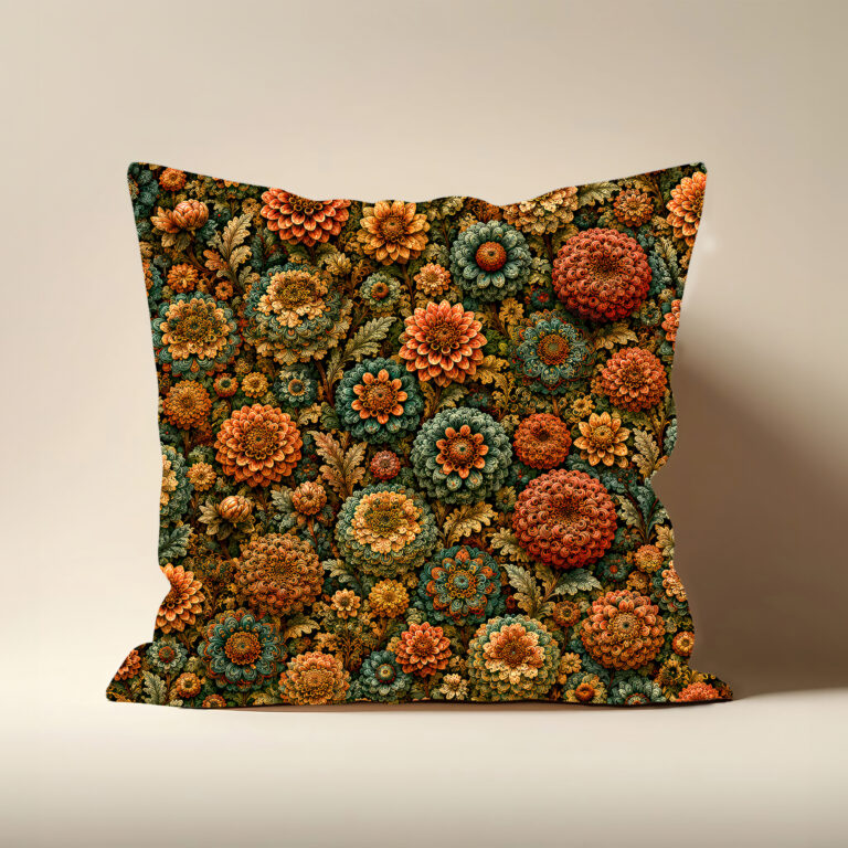 Medieval pillow cushion cover, a dense William Morris floral of autumn dahlias, marigolds and zinnias in burnt orange, rust and gold with sage green foliage, edge to edge