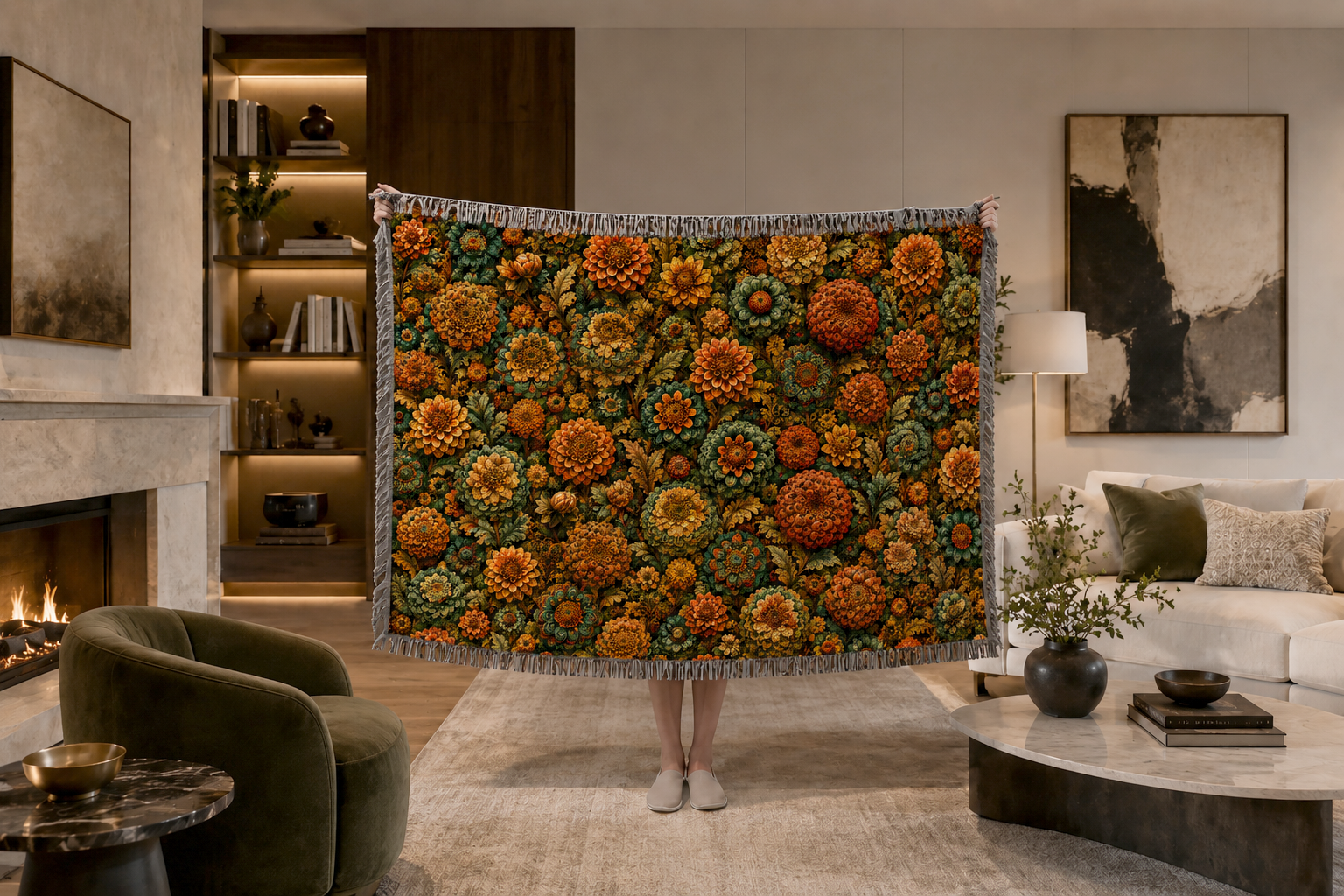 William Morris tapestry woven throw blanket, a dense maximalist field of autumn dahlias, marigolds and zinnias in burnt orange, rust and gold with sage green foliage, edge to edge