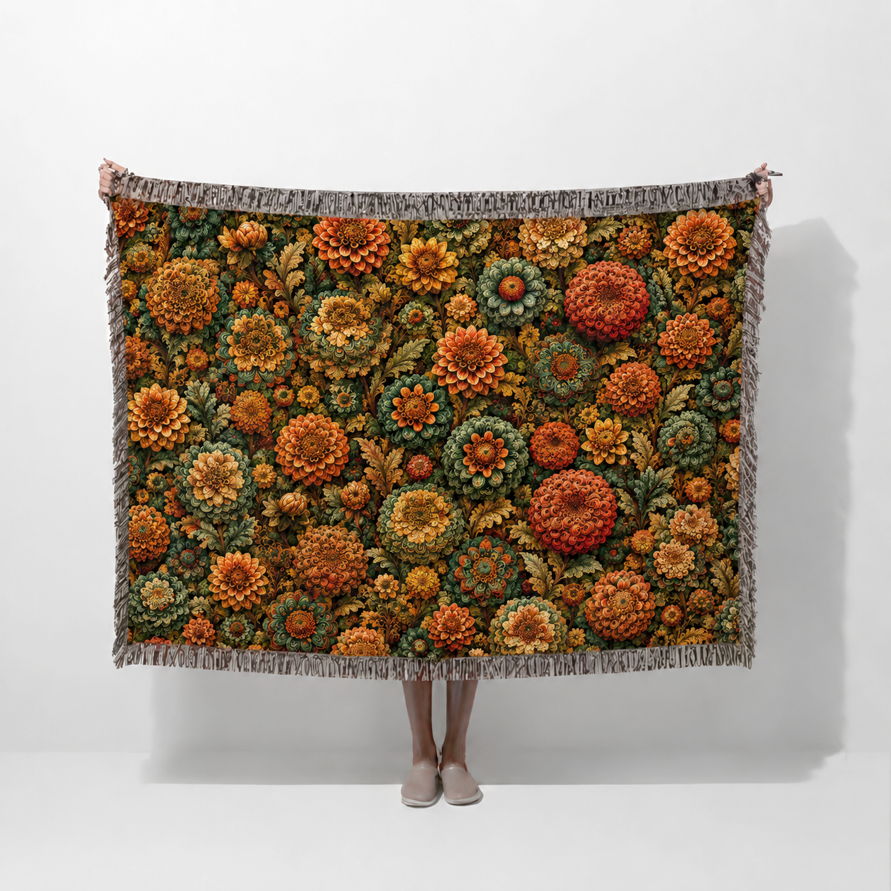 William Morris Tapestry Woven Throw Blanket — Autumn Dahlia & Marigold Floral - Image 7