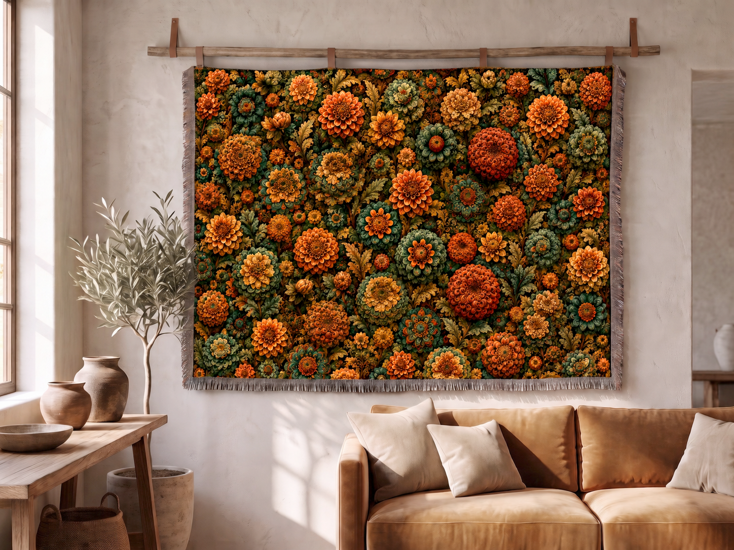 William Morris Tapestry Woven Throw Blanket — Autumn Dahlia & Marigold Floral - Image 5