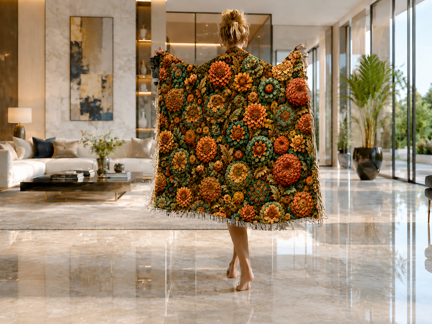 William Morris Tapestry Woven Throw Blanket — Autumn Dahlia & Marigold Floral - Image 3