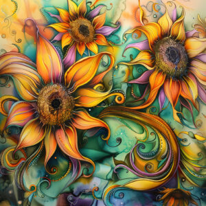 Watercolor sunflower wall art print in saturated orange, gold and teal