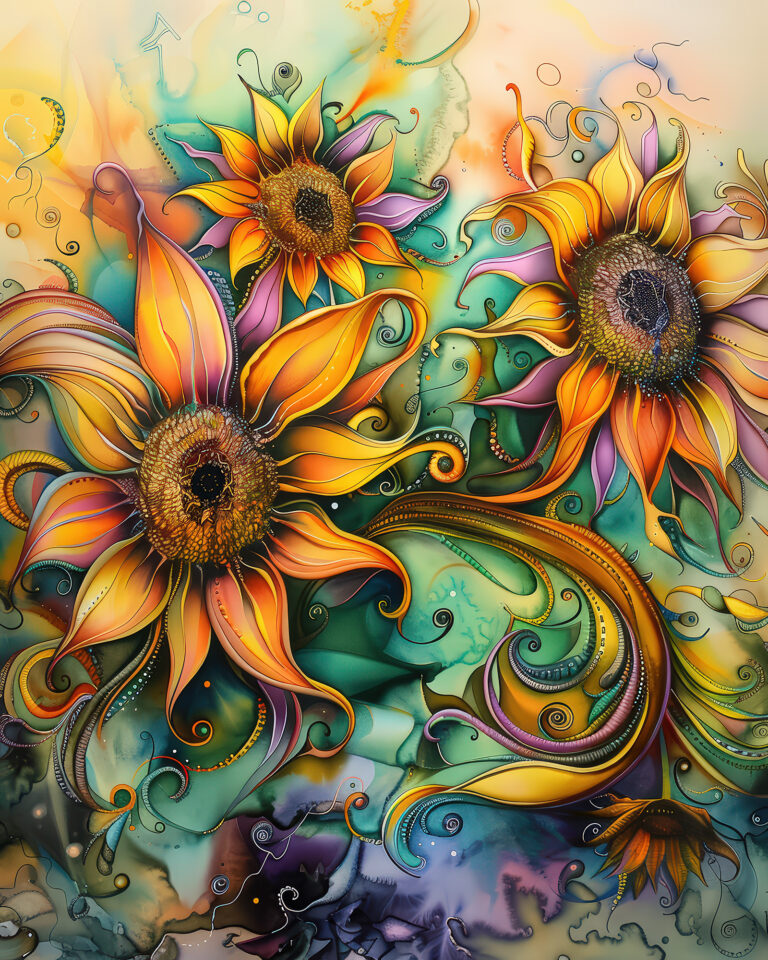 Watercolor sunflower wall art print in saturated orange, gold and teal