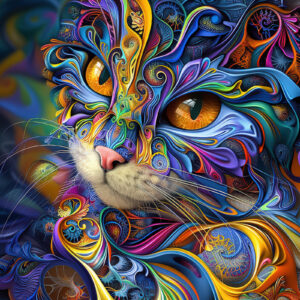 Fractal cat wall art print with layered psychedelic color and glowing eyes