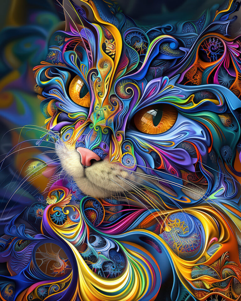Fractal cat wall art print with layered psychedelic color and glowing eyes