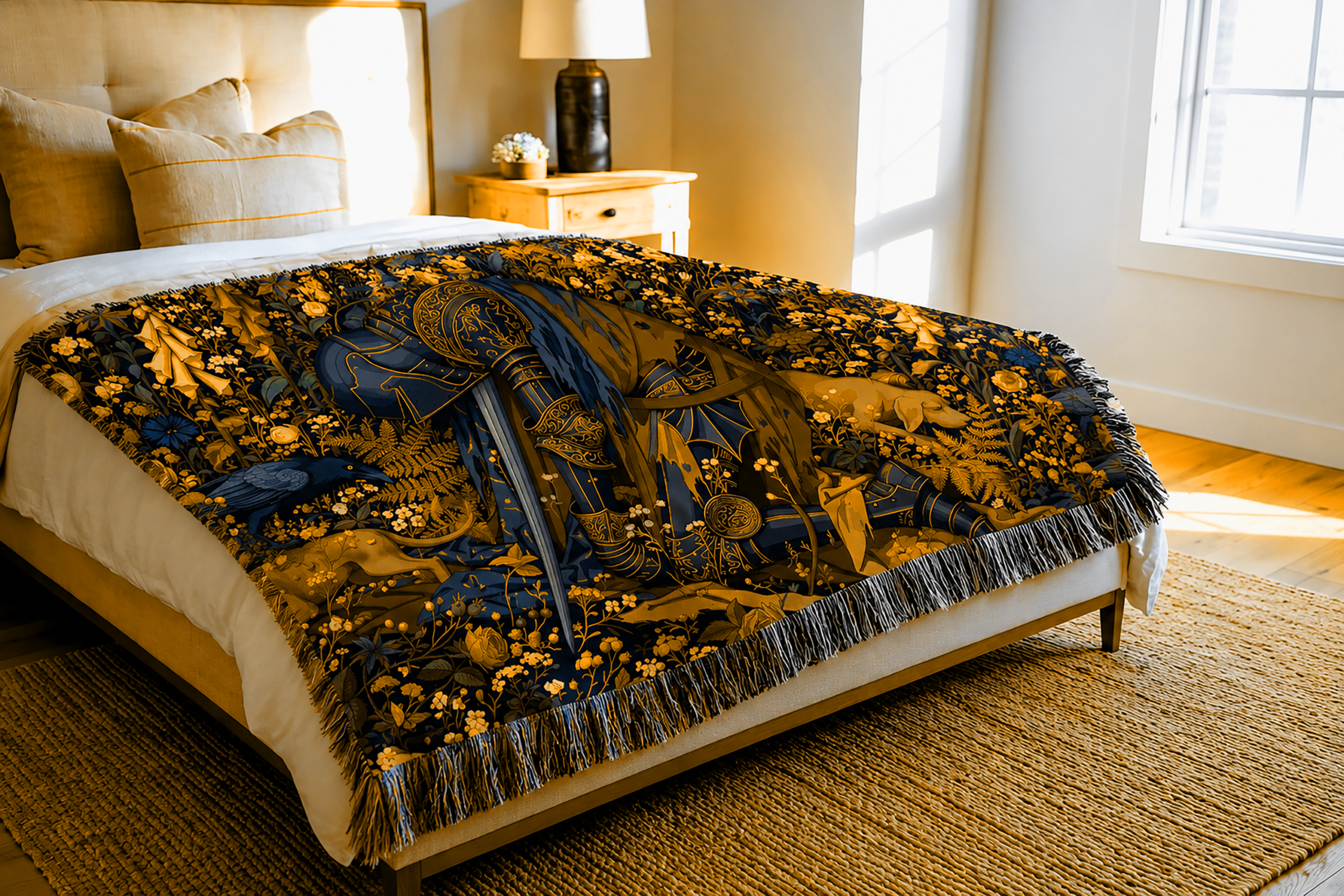 Medieval Tapestry Woven Blanket — Kneeling Knight in a Millefleurs Field - Image 5