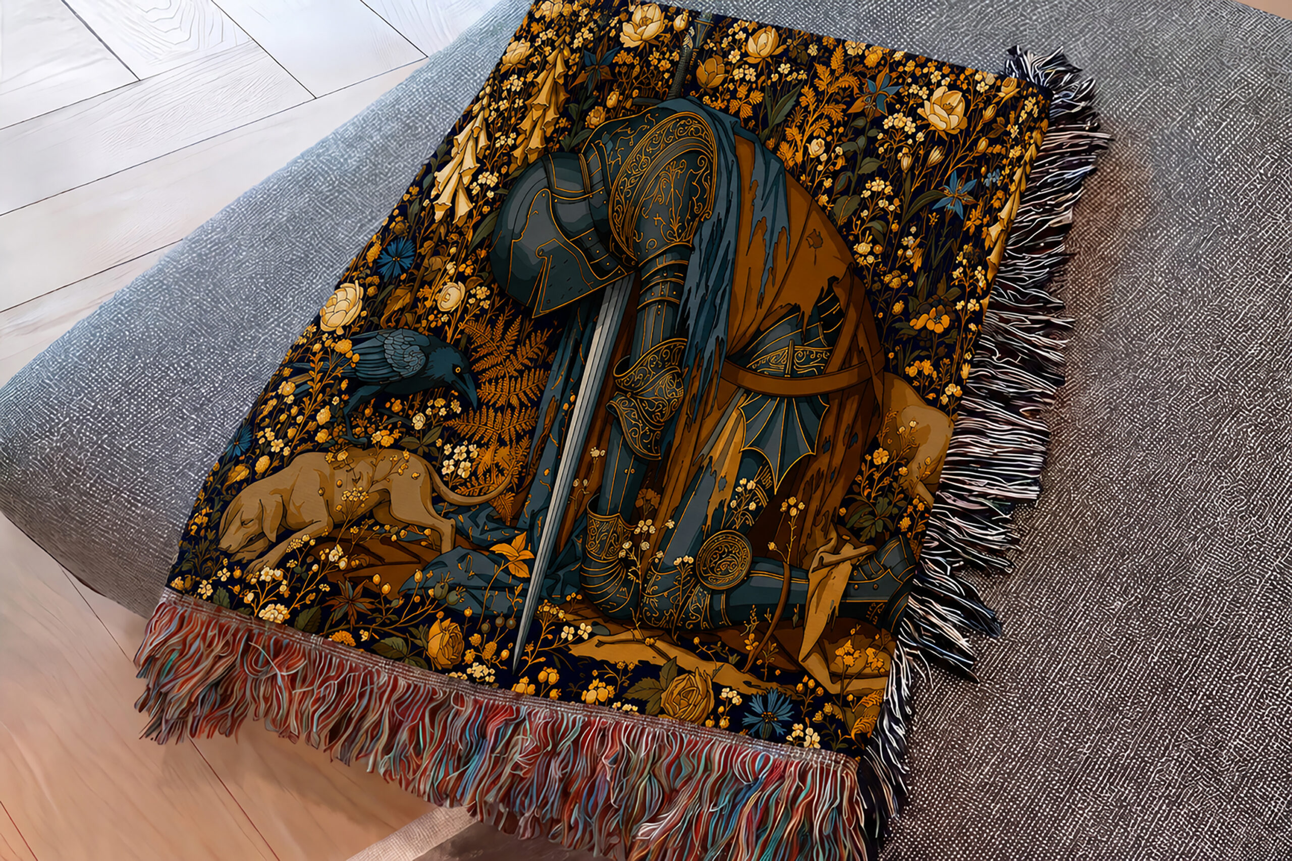 Medieval Tapestry Woven Blanket — Kneeling Knight in a Millefleurs Field - Image 4