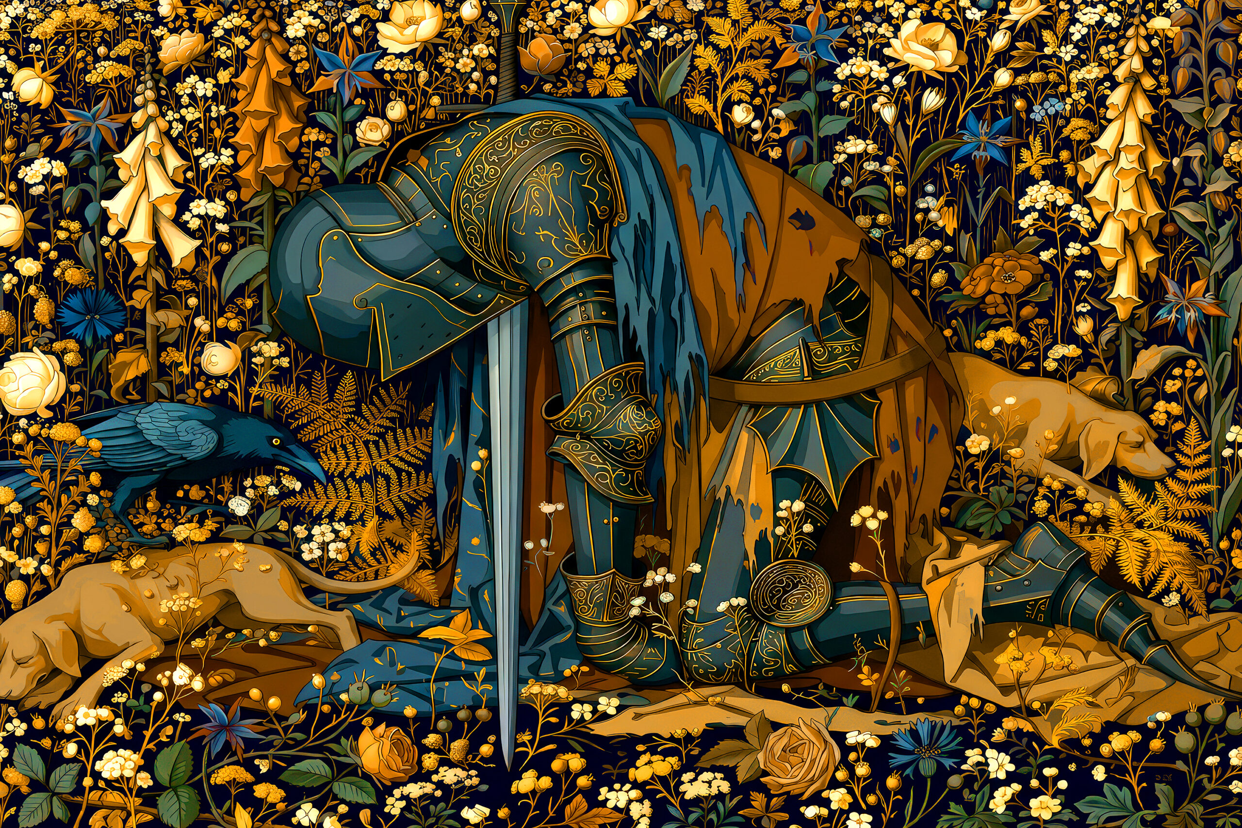 Medieval Tapestry Woven Blanket — Kneeling Knight in a Millefleurs Field - Image 3