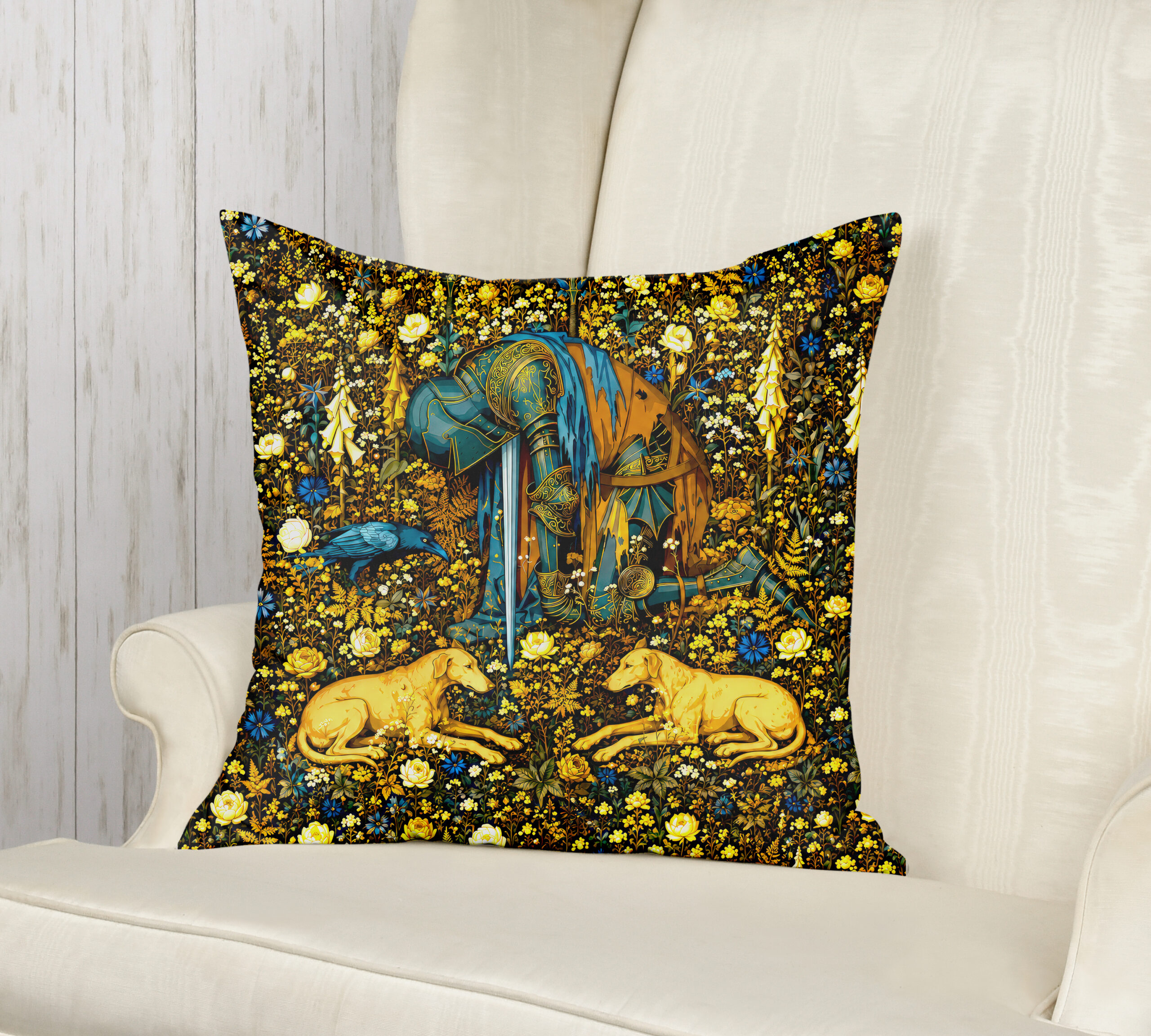 Medieval Tapestry Throw Pillow — Millefleur Knight | Deep Indigo & Gold Cushion Cover - Image 8