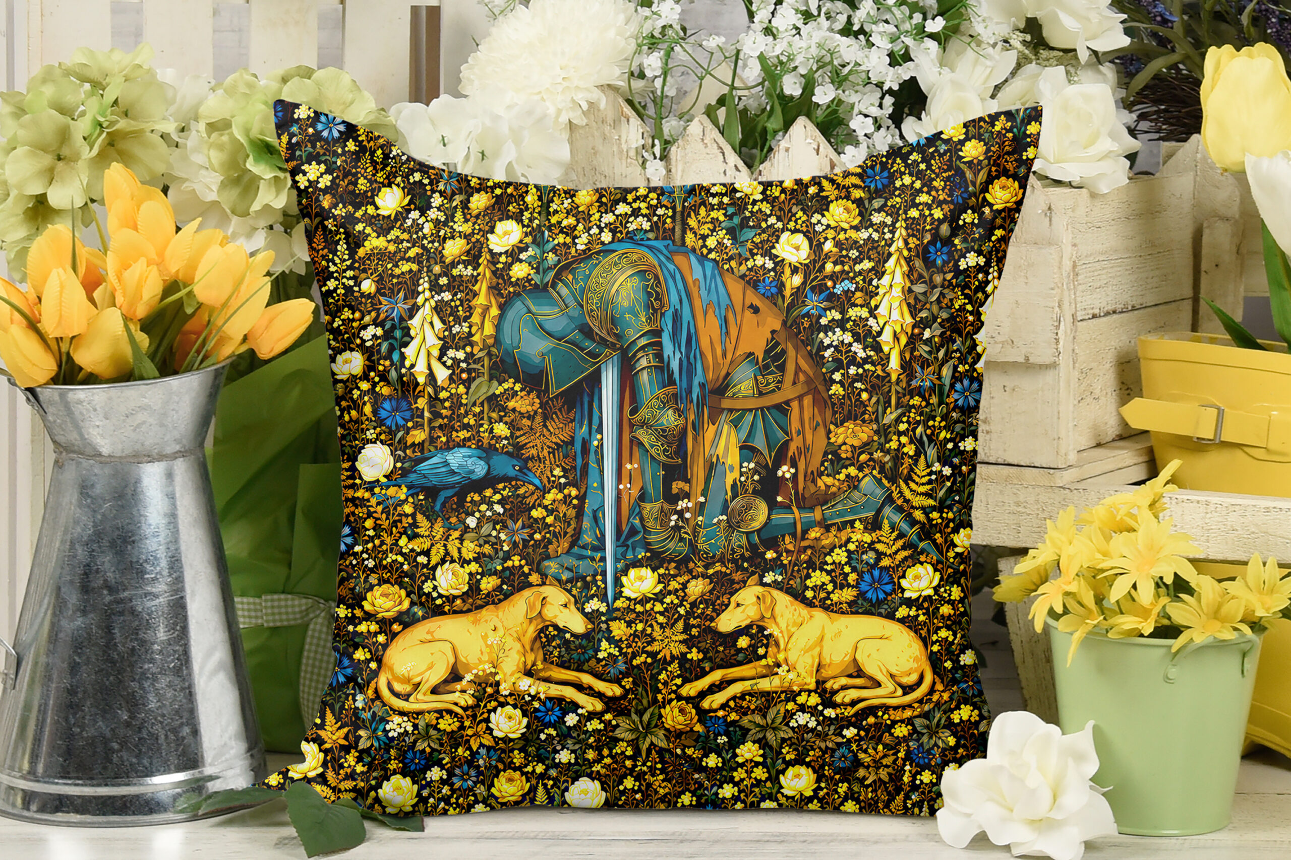 Medieval Tapestry Throw Pillow — Millefleur Knight | Deep Indigo & Gold Cushion Cover - Image 7