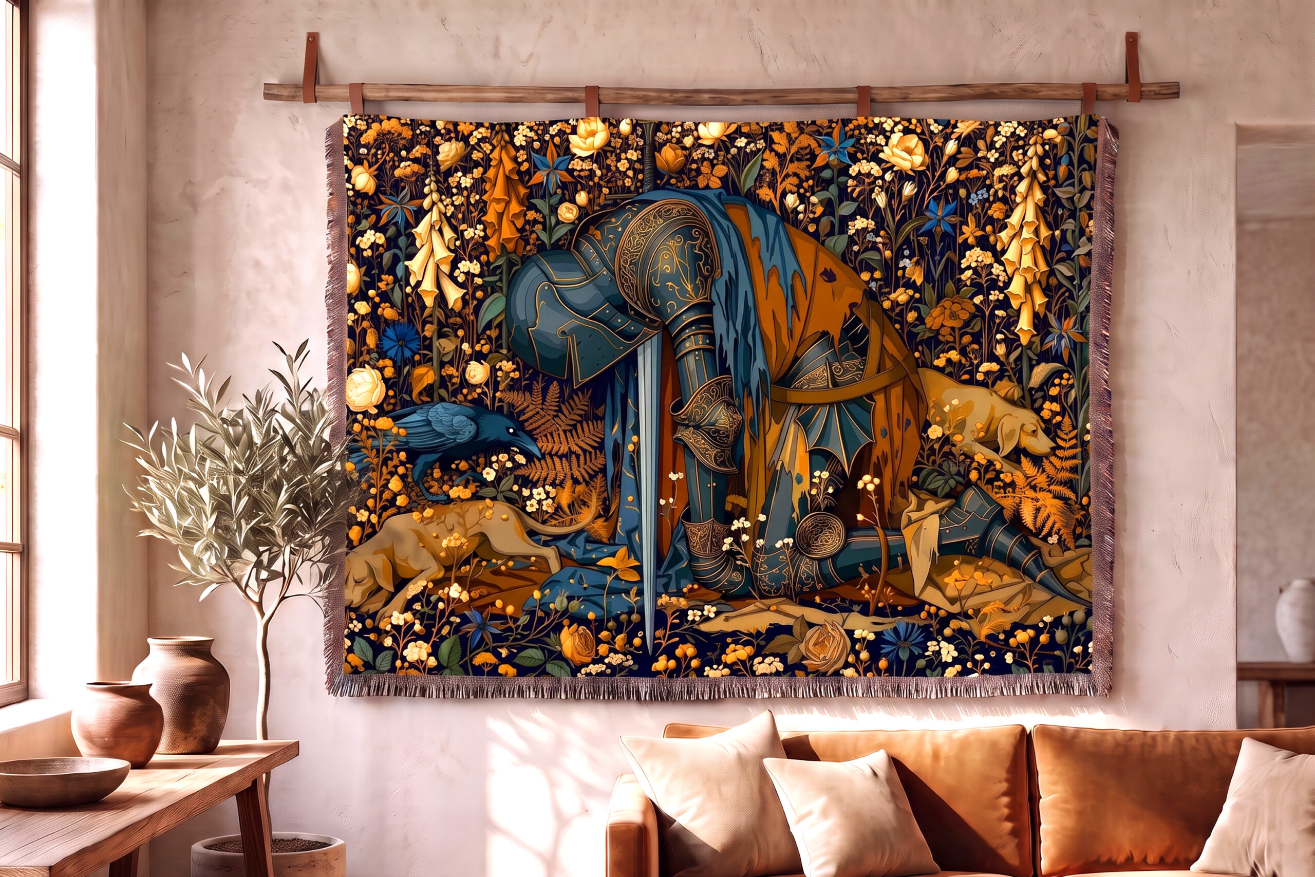 Medieval tapestry woven blanket, an armored knight kneeling with sword planted in a dense field of ivory and gold wildflowers on deep indigo, with a raven and two hounds