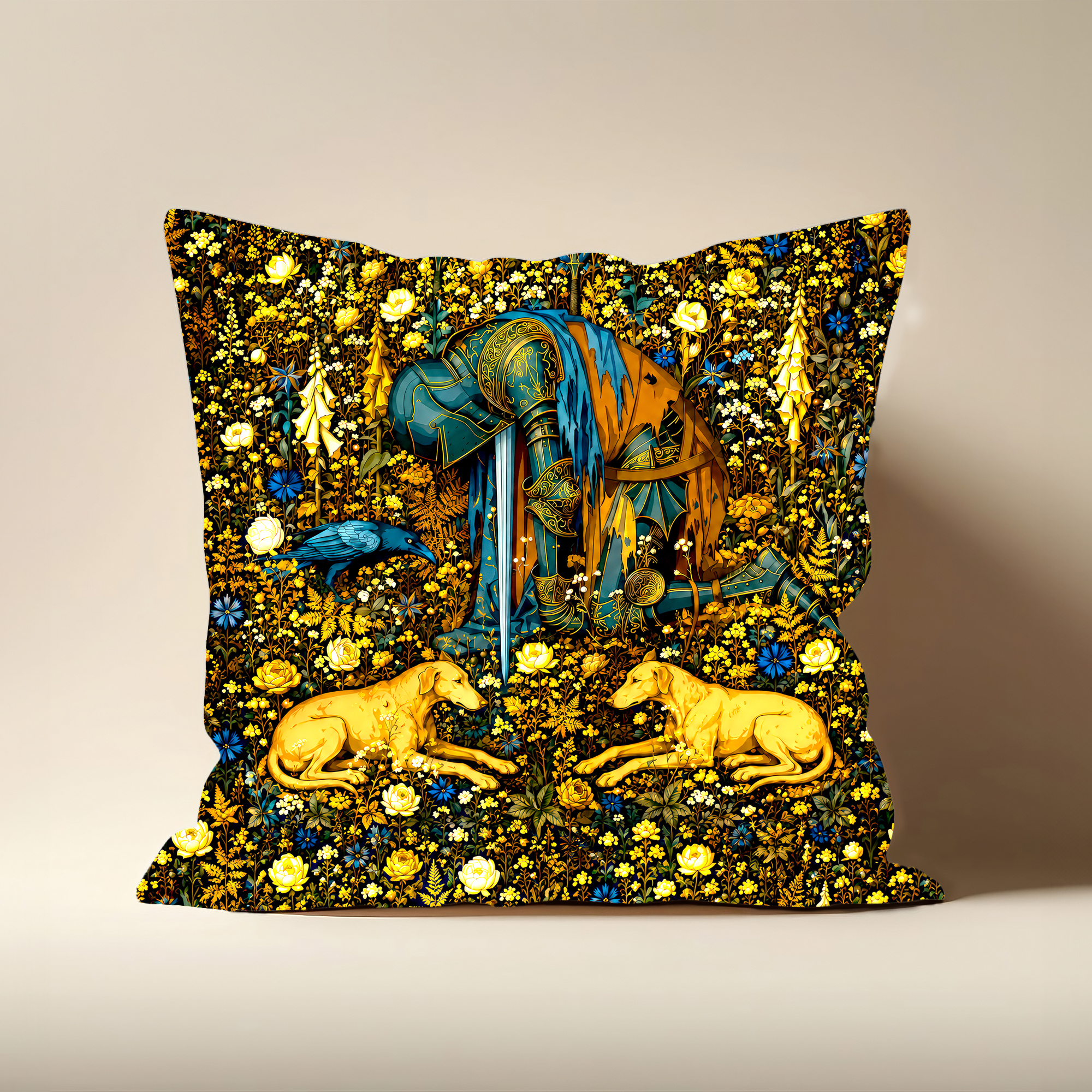 Medieval Tapestry Throw Pillow — Millefleur Knight | Deep Indigo & Gold Cushion Cover - Image 6