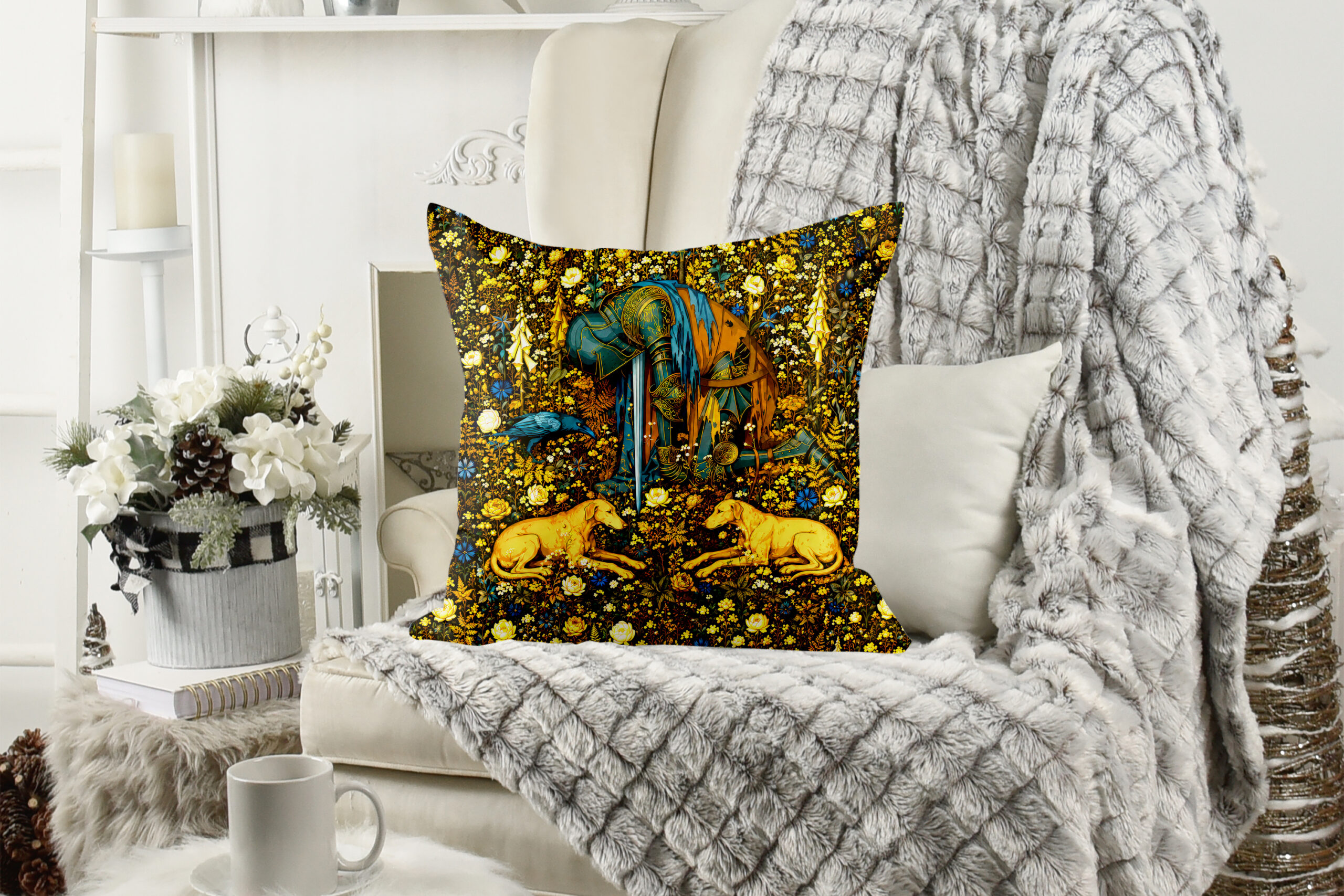 Medieval Tapestry Throw Pillow — Millefleur Knight | Deep Indigo & Gold Cushion Cover - Image 5