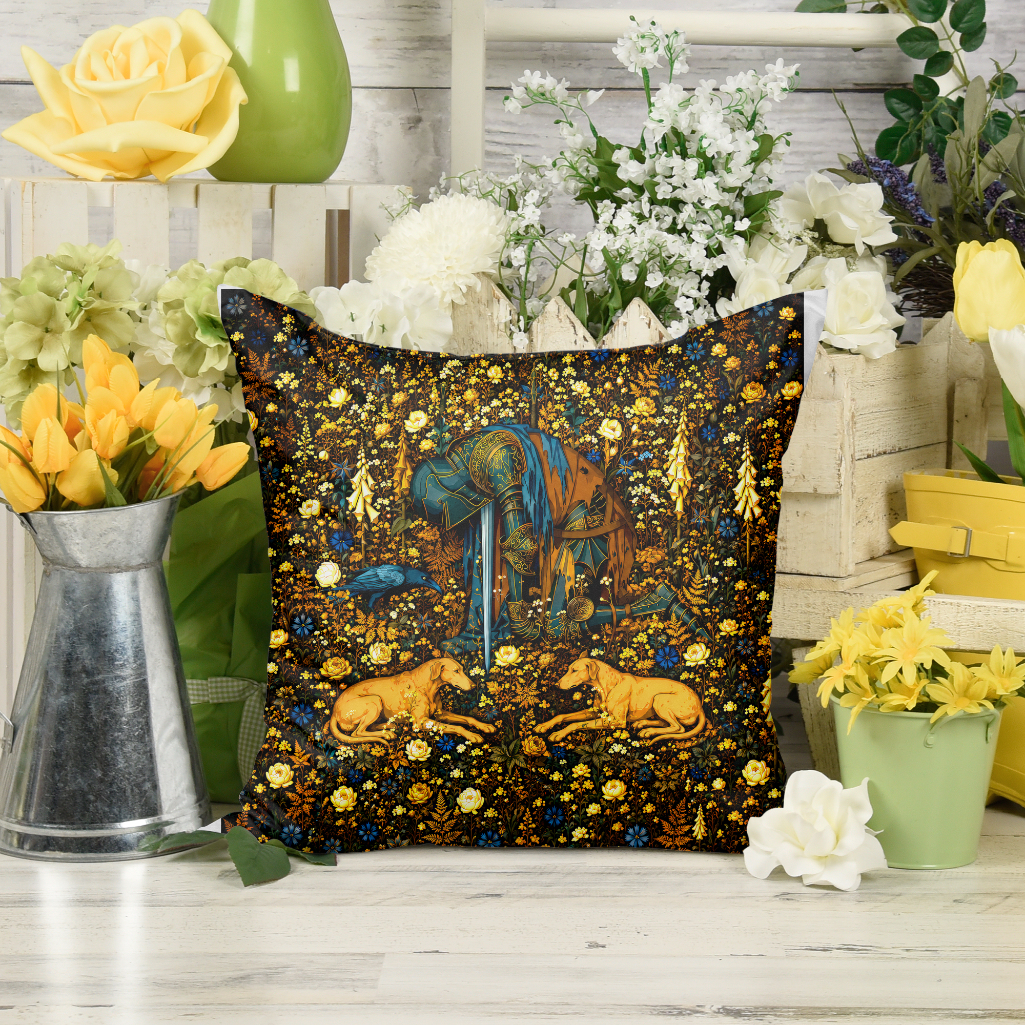 Medieval Tapestry Throw Pillow — Millefleur Knight | Deep Indigo & Gold Cushion Cover - Image 4