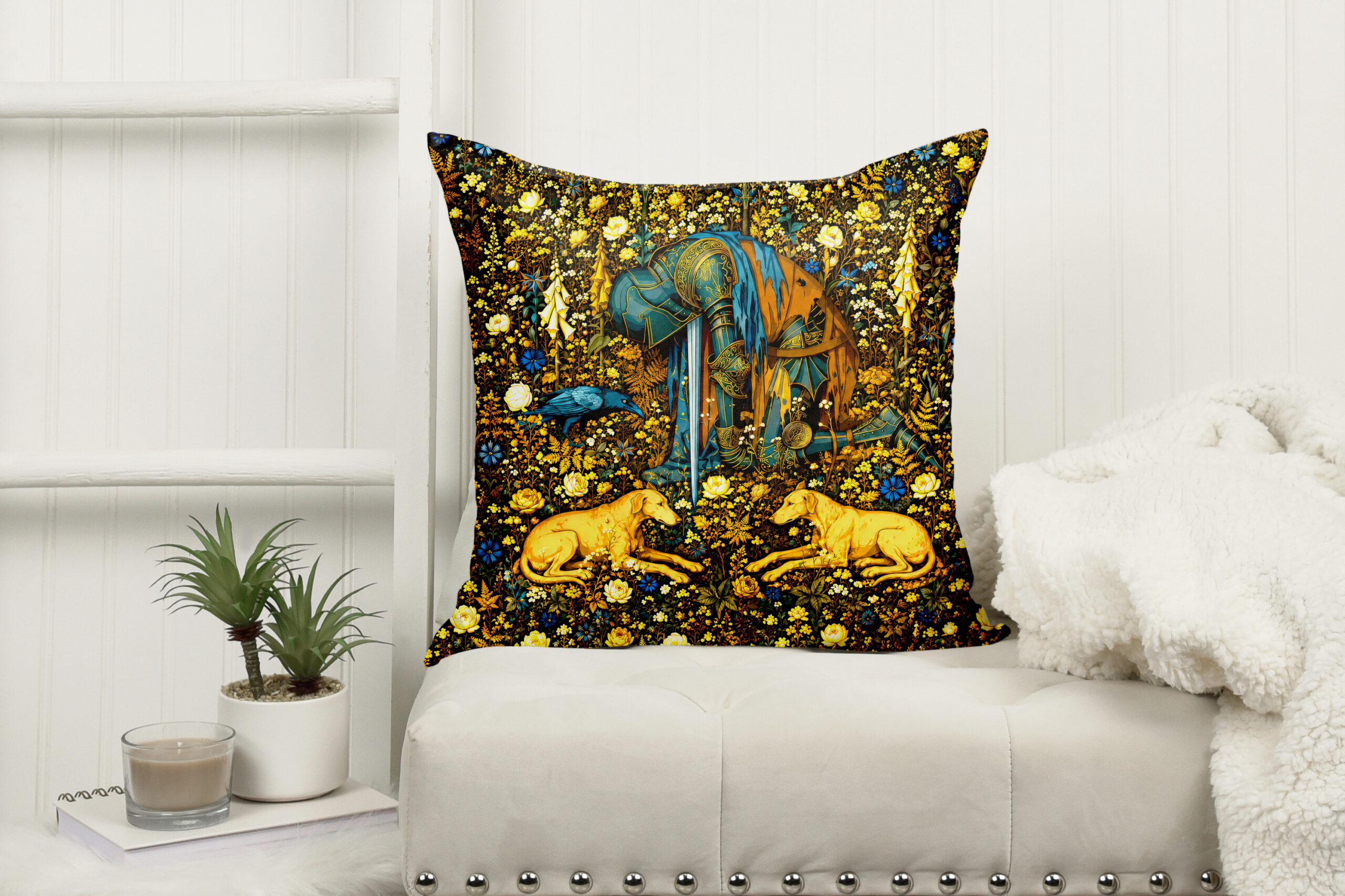 Medieval Tapestry Throw Pillow — Millefleur Knight | Deep Indigo & Gold Cushion Cover - Image 3