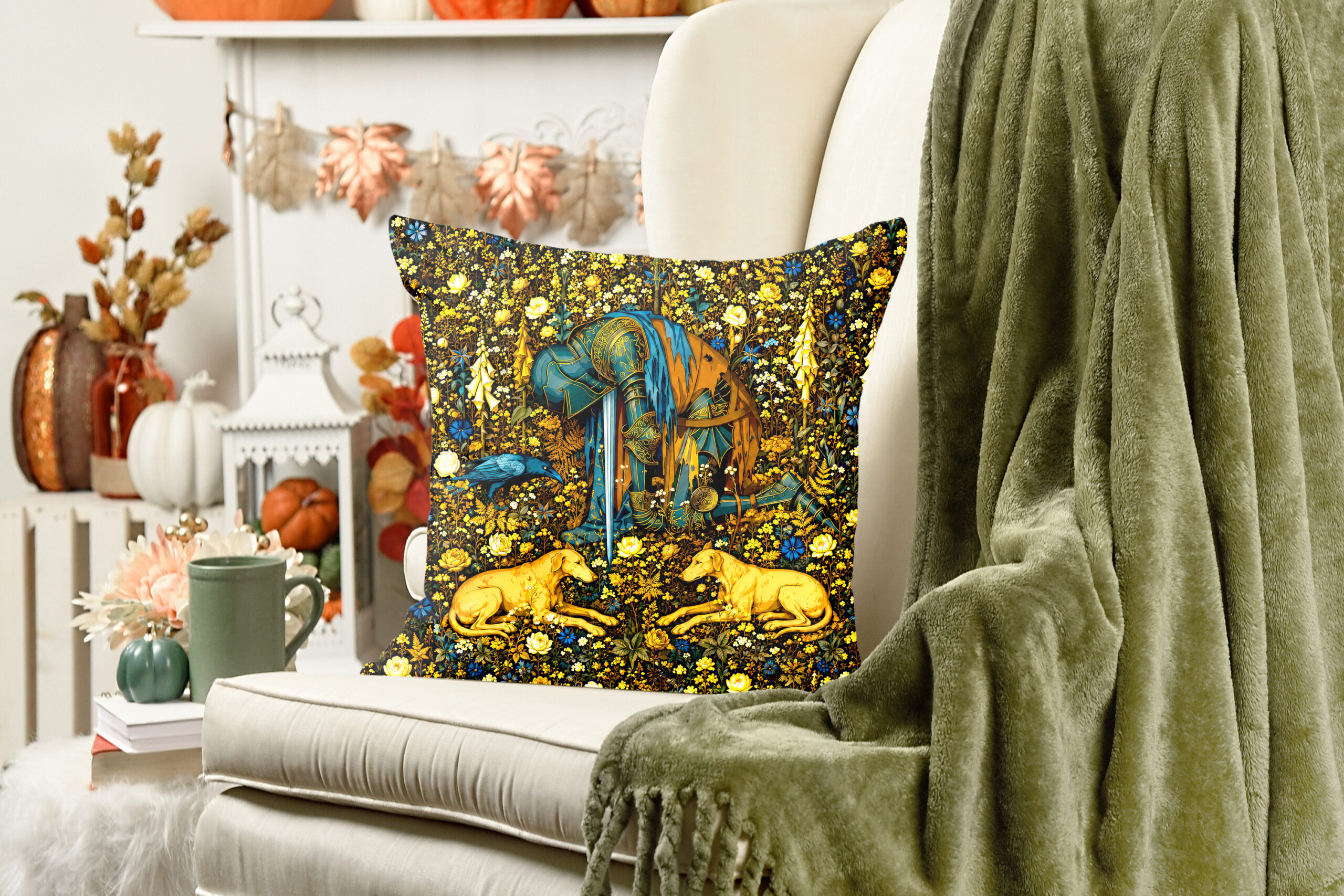 Medieval Tapestry Throw Pillow — Millefleur Knight | Deep Indigo & Gold Cushion Cover - Image 2