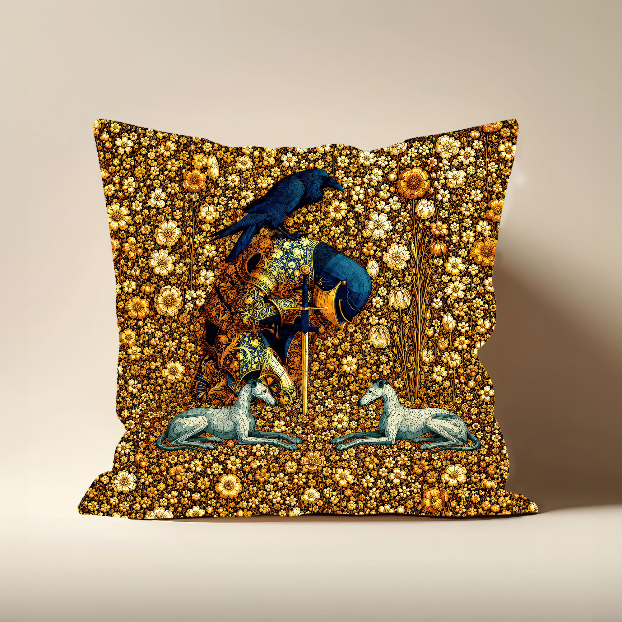 Millefleur pillow, an armored knight kneeling with sword planted in a dense field of gold and cream wildflowers, a raven on his helm and two hounds resting