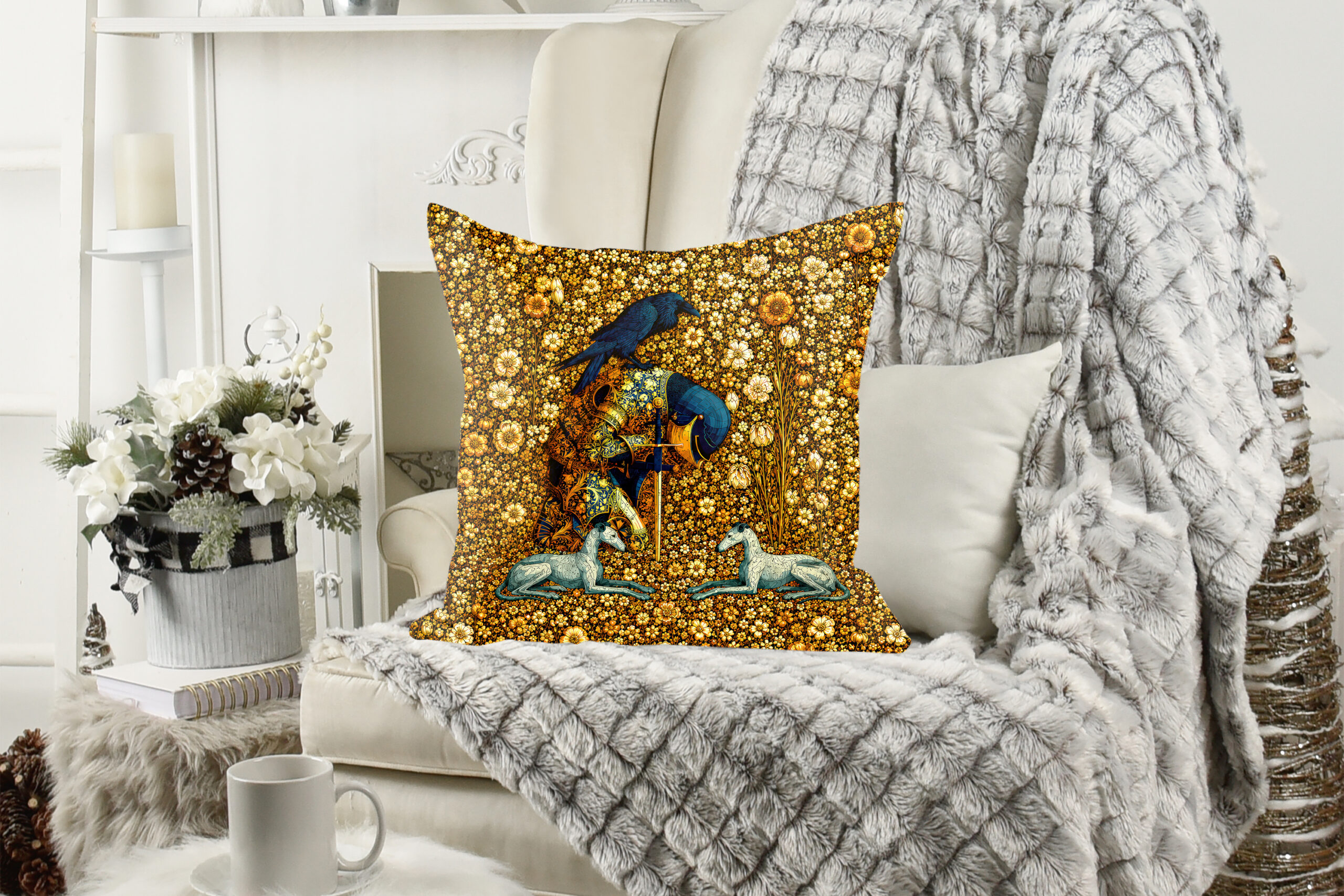 Gold Knight Pillow — Millefleur Tapestry Cushion Cover - Image 5
