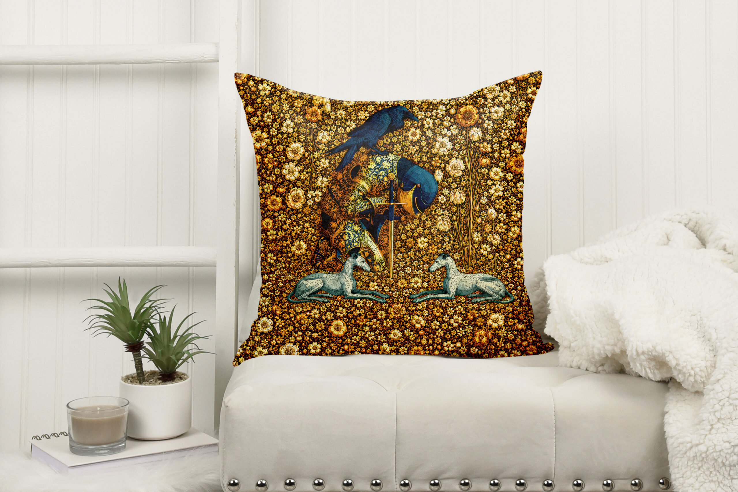 Gold Knight Pillow — Millefleur Tapestry Cushion Cover - Image 4