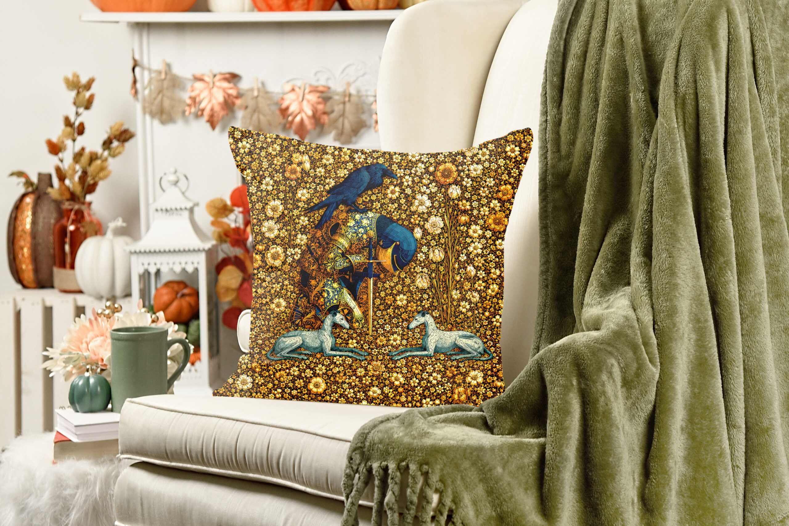 Gold Knight Pillow — Millefleur Tapestry Cushion Cover - Image 3